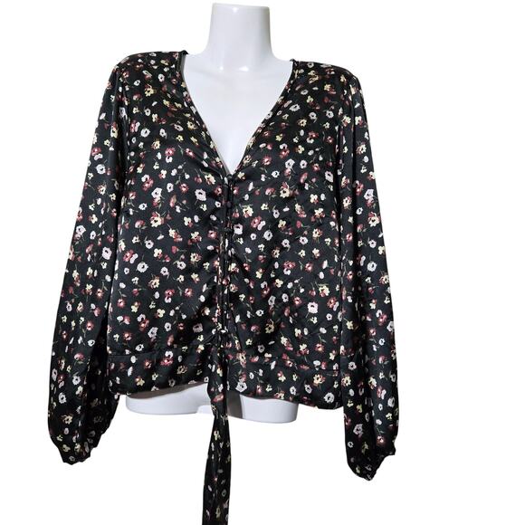 Abercrombie & Fitch Women's XL Y2K Style Chic Floral Ruche Satin Blouse Black - Picture 2 of 9
